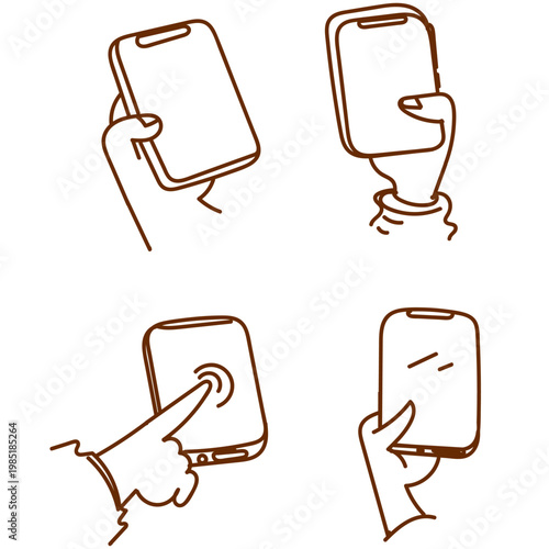 set of hands holding, pointing, and interacting with smartphones and digital tablets. Features minimal line art and simple flat color style with blank screens, perfect for UI/UX showcases, app present
