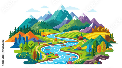 Vibrant River Landscape with Mountains and Forests.