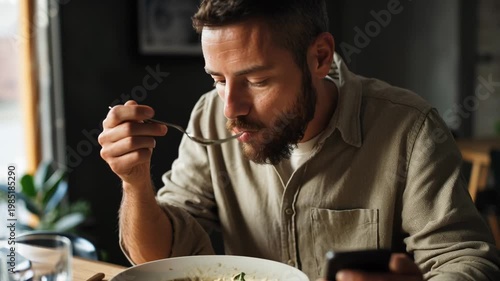 Bearded man eating meal at dining table with fork while checking smartphone, casual indoor home lifestyle salad scene calm focus