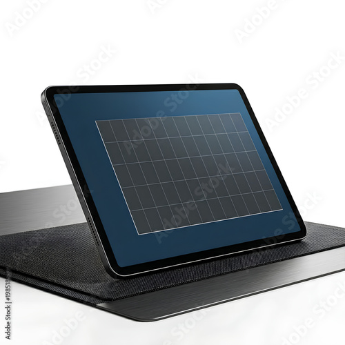 Modern tablet device with solar panel technology on a black surface.