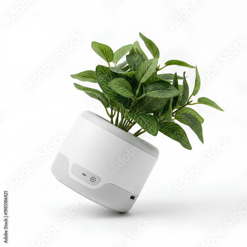 Modern white levitating plant pot with green leaves and a futuristic design.