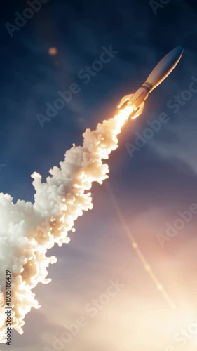 Space rocket launch from laptop computer, rocket rising with smoke trail and bright flame sunset sky, startup tech innovation