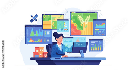 Woman working on computer with data analysis screens.