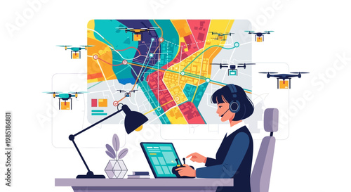 Woman working on laptop with drones and map.