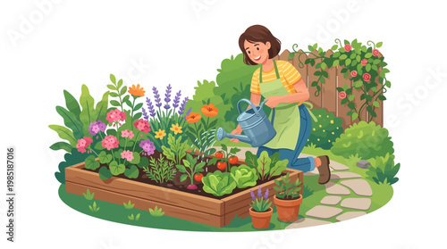 Woman tending to a vibrant raised garden bed.