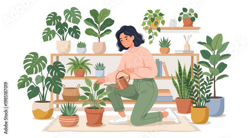 Woman tending to her indoor plants with care.