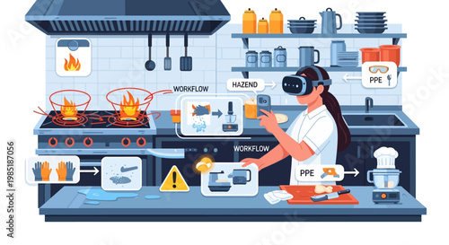 Woman wearing VR headset learning to cook in virtual kitchen simulation.