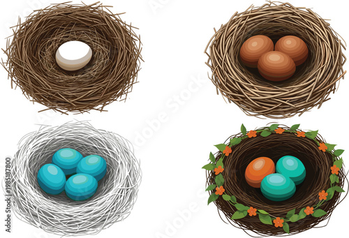 Bird nest vector set featuring teal, gold, and white eggs in straw nests with flowers and greenery for nature, finance, and spring concepts.