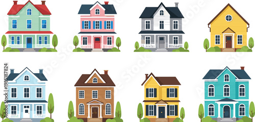 Classic residential house vector set featuring suburban family homes, cottages, townhouses, and property exteriors in a flat minimalist style.