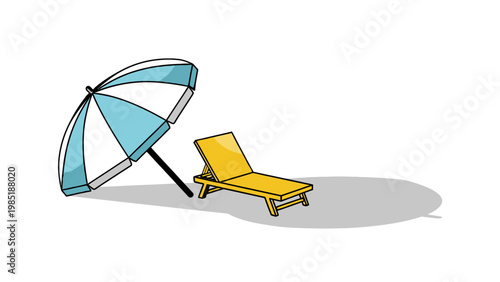 Beach umbrella and yellow sun lounger illustration on white background.