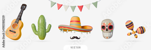 3D Happy Cinco de Mayo set. Guitar, cactus, sombrero, skull, mustache, maracas, garland. Realistic festive elements isolated on white background, vector symbols of mexican culture