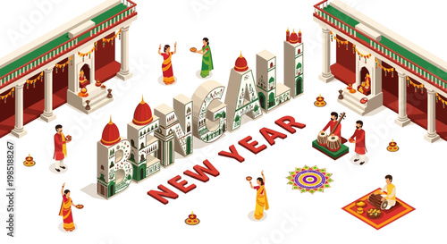Isometric vector illustration showcasing Pohela Boishakh, the Bengali New Year, with people in traditional dress celebrating amidst stylized architecture on a white background