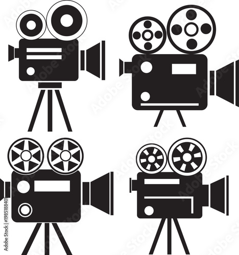 Vintage film camera outline icons video production set