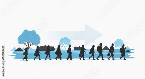 Migration Refugees Walking Silhouette Humanitarian Crisis Concept