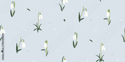 Snowdrop flower seamless pattern. Hand drawn first spring flowers. Vector texture for background, textile, wrapping paper