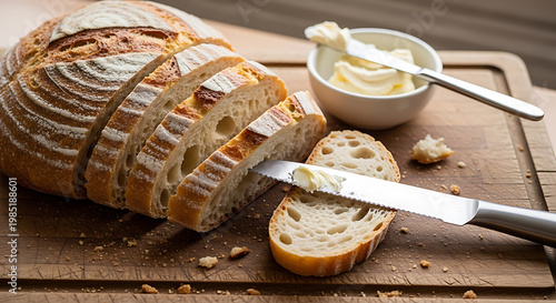 Sliced sourdough bread with butter and knife perfect for culinary designs on transparent background