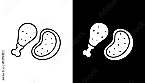 Fried Chicken and Potato Chips: A simple, appetizing illustration of fried chicken leg and potato chip on a monochrome background, perfect for representing fast food and snack.