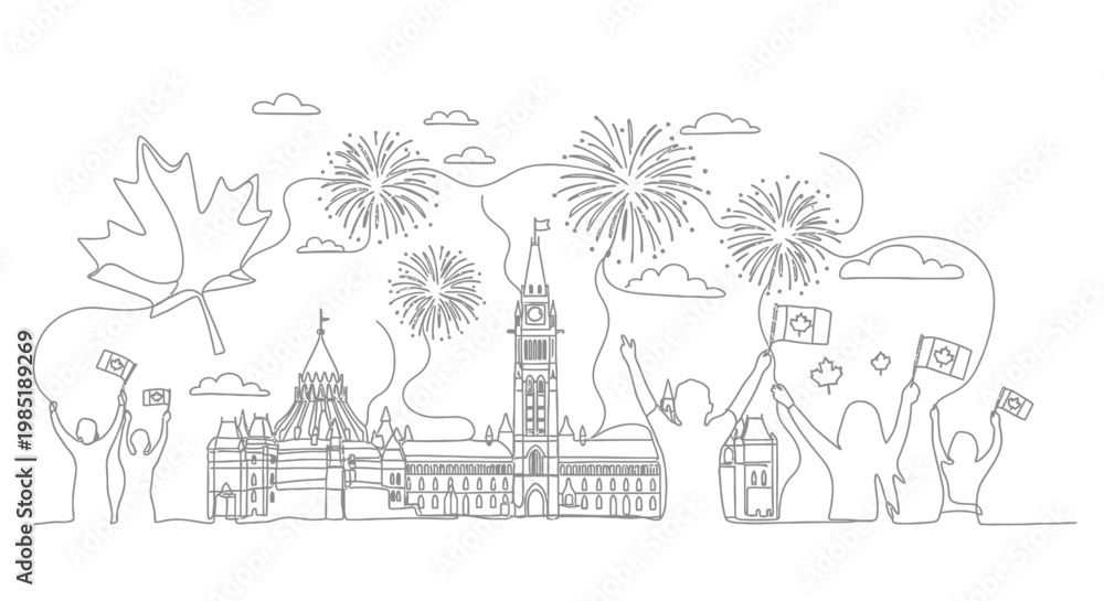 Obraz premium Canada Day Celebration: Parliament Hill Skyline, Fireworks, Maple Leaf, Flags, Cheering Crowd