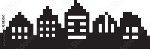 Pixelated cityscape silhouette with detailed building facades on transparent background