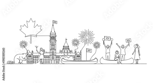 Canada Day Celebration: Ottawa Skyline, Parliament Hill, Beaver, Maple Leaf, Fireworks