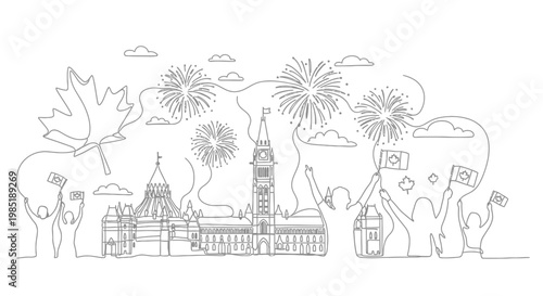 Canada Day Celebration: Parliament Hill Skyline, Fireworks, Maple Leaf, Flags, Cheering Crowd