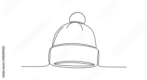 Minimalist continuous line drawing of a winter hat with pom pom on white background