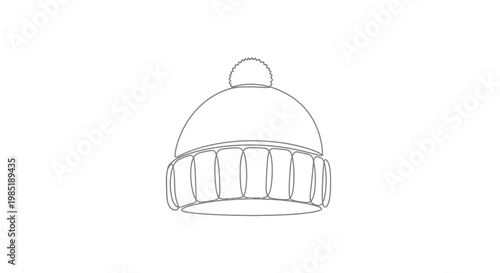 Minimalist outline drawing of a pom-pom beanie hat, simple winter headwear icon