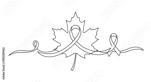 Canadian Maple Leaf with Awareness Ribbons and Decorative Swirls - Line Art