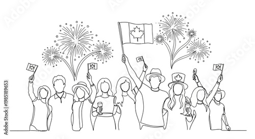 Canadian Celebration: Diverse Crowd Cheers with Flags and Fireworks