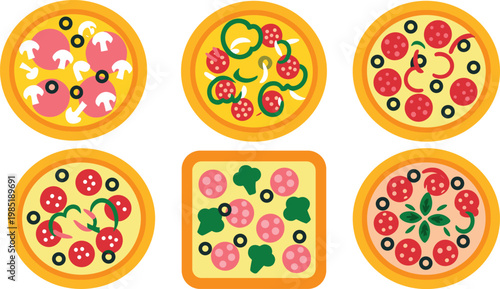 Delicious Italian Pizza Vector Illustration Set With Pepperoni Mushrooms Olives And Basil Toppings For Restaurant Menu And Food Delivery Graphic Design