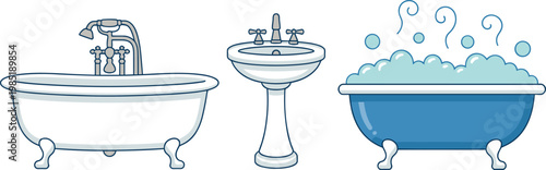 Modern Bathroom Interior Vector Set Featuring Clawfoot Bathtub Ceramic Pedestal Sink And Bubble Bath With Hot Steam For Home Improvement Catalog Design