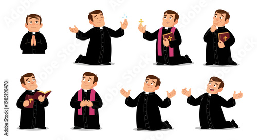 Cartoon Priest Character Poses - Prayer, Reading, Blessing, Thinking