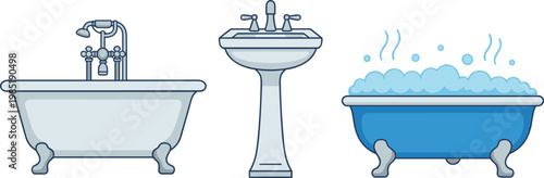 Modern Bathroom Interior Vector Set Featuring Clawfoot Bathtub Ceramic Pedestal Sink And Bubble Bath With Hot Steam For Home Improvement Catalog Design
