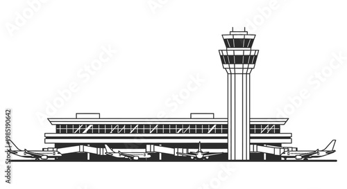 Airport terminal building with air traffic control tower and airplanes at gates illustration.