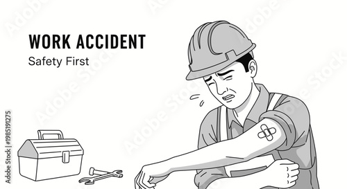 Work accident illustration with injured construction worker and safety first text.
