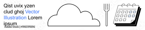 Food service, meal prep, schedule planning, cloud platforms, time management, lunch breaks. A cloud, fork and calendar in a minimal style. Food service and time management concept