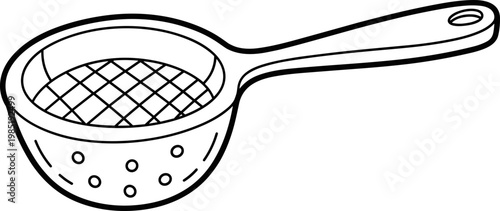 Simple line drawing of a colander with handle, kitchen utensil, cooking tool, isolated on white background