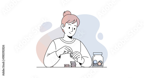 A young woman diligently saves money by stacking coins, demonstrating smart financial planning and responsible budgeting for future goals.