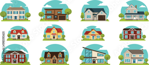 Modern residential house vector icon set featuring contemporary architecture, suburban homes, luxury villas, and family dwellings in flat minimalist style.