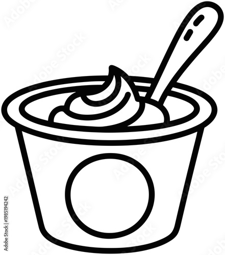 Hand-drawn yogurt cup with spoon, simple line art illustration