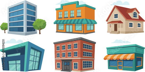 Modern City Building And House Exterior Vector Set Featuring Office Skyscraper Retail Storefront And Residential Apartment For Urban Real Estate Map Design