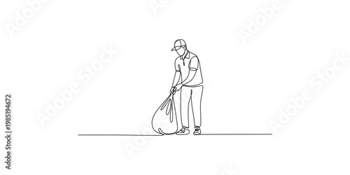 Man picking up trash with a garbage bag in a simple line drawing style