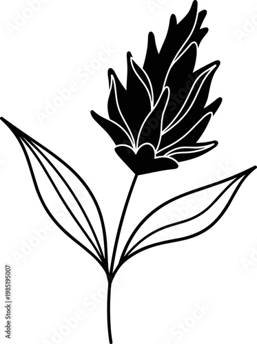 Black silhouette of a spike flower with leaves on a white background, botanical illustration