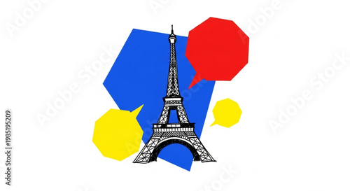 Dynamic illustration of a famous Parisian landmark with speech bubbles, depicting communication, language exchange, and cultural vibrancy in a European setting