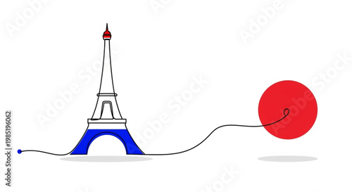 Continuous line art connecting a famous French landmark with the distinct red sun of Japan, symbolizing international travel and cultural exchange
