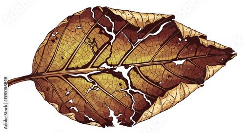 Autumn leaf with intricate patterns of decay and damage