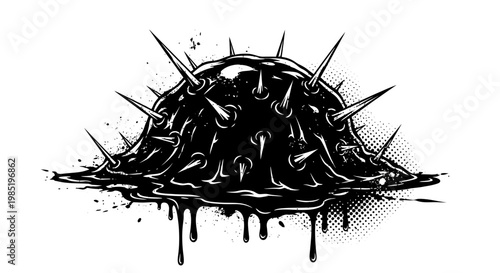 Black spiky blob with dripping liquid, grunge style illustration