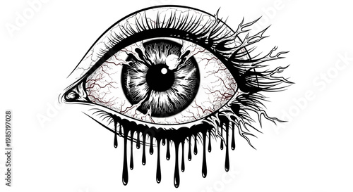 Disturbing Eye Illustration with Dripping Eyelashes and Veins