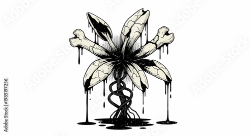 Macabre flower with bones, dripping black liquid