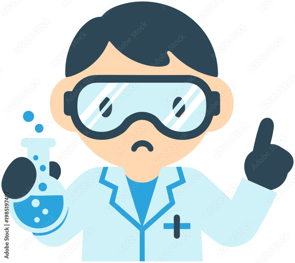 Fototapeta premium Sad Scientist with Flask and Goggles, Chemical Reaction Experiment